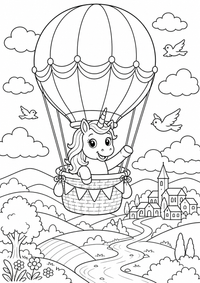 Einhorn im Heißluftballon ist ein kostenloses A4-Ausmalbild mit klaren schwarzen Konturen auf weißem Hintergrund zum Ausdrucken.