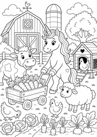 Einhorn auf dem Bauernhof ist ein kostenloses A4-Ausmalbild mit klaren schwarzen Konturen auf weißem Hintergrund zum Ausdrucken.