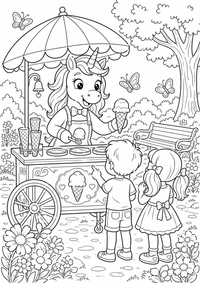 Einhorn mit Eiswagen im Sommer ist ein kostenloses A4-Ausmalbild mit klaren schwarzen Konturen auf weißem Hintergrund zum Ausdrucken.