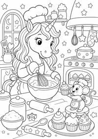 Einhorn in der magischen Bäckerei ist ein kostenloses A4-Ausmalbild mit klaren schwarzen Konturen auf weißem Hintergrund zum Ausdrucken.