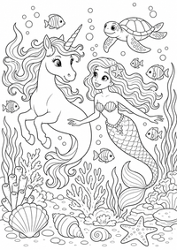 Einhorn und Meerjungfrau unter Wasser ist ein kostenloses A4-Ausmalbild mit klaren schwarzen Konturen auf weißem Hintergrund zum Ausdrucken.