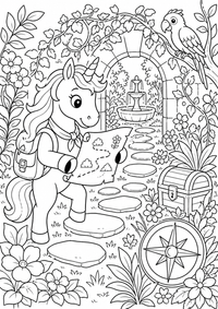 Einhorn auf Schatzsuche im Garten ist ein kostenloses A4-Ausmalbild mit klaren schwarzen Konturen auf weißem Hintergrund zum Ausdrucken.