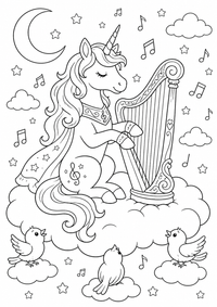 Einhorn spielt Harfe auf Wolken ist ein kostenloses A4-Ausmalbild mit klaren schwarzen Konturen auf weißem Hintergrund zum Ausdrucken.