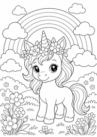 Baby Einhorn Blumenkrone ist ein kostenloses Ausmalbild mit klaren schwarzen Linien. PNG auf A4 ausdrucken für Zuhause, Kindergarten oder Schule.