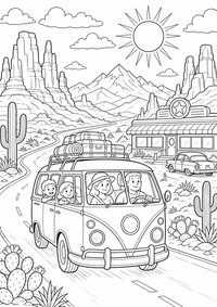 USA Roadtrip Ausmalbild ist ein kostenloses USA Ausmalbild mit klaren schwarzen Konturen zum Ausdrucken auf A4.