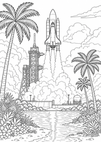 Rocket launch em USA – detalhada cena — página para colorir é uma página gratuita para colorir e imprimir em A4, com contornos pretos nítidos e áreas claras para colorir. Sem cadastro.