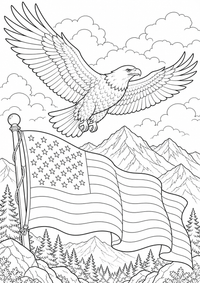 USA : Amerikanischer Adler und Flagge — página para colorir é uma página gratuita para colorir e imprimir em A4, com contornos pretos nítidos e áreas claras para colorir. Sem cadastro.
