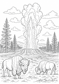 Yellowstone Geyser com Bison — página para colorir é uma página gratuita para colorir e imprimir em A4, com contornos pretos nítidos e áreas claras para colorir. Sem cadastro.