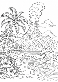 Hawaii Volcano e Palm Trees — página para colorir é uma página gratuita para colorir e imprimir em A4, com contornos pretos nítidos e áreas claras para colorir. Sem cadastro.