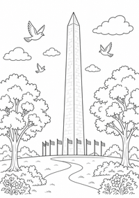 Washington Monument com Birds — página para colorir é uma página gratuita para colorir e imprimir em A4, com contornos pretos nítidos e áreas claras para colorir. Sem cadastro.