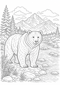 Alaska Bär am Fluss ist ein kostenloses A4-Ausmalbild mit klaren schwarzen Konturen zum Ausdrucken.