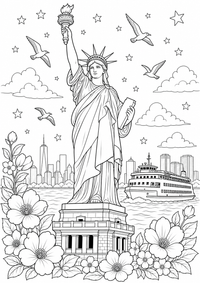 USA Freiheitsstatue ist ein kostenloses A4-Ausmalbild mit klaren schwarzen Konturen zum Ausdrucken.