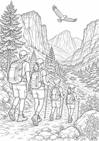 Wanderung im Nationalpark USA ist ein kostenloses A4-Ausmalbild mit klaren schwarzen Konturen zum Ausdrucken.