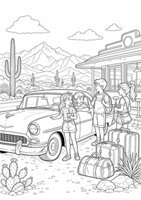 Roadtrip durch die Wüste USA ist ein kostenloses A4-Ausmalbild mit klaren schwarzen Konturen zum Ausdrucken.