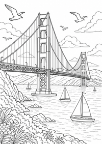 Golden Gate Bridge ist ein kostenloses USA-Ausmalbild mit klaren schwarzen Linien. Als PNG auf A4 ausdrucken für Zuhause, Kindergarten oder Schule.