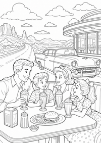 American Roadside Diner ist ein kostenloses USA-Ausmalbild mit klaren schwarzen Linien. Als PNG auf A4 ausdrucken für Zuhause, Kindergarten oder Schule.