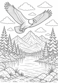 Bald Eagle at Mountain Lake ist ein kostenloses USA-Ausmalbild mit klaren schwarzen Linien. Als PNG auf A4 ausdrucken für Zuhause, Kindergarten oder Schule.