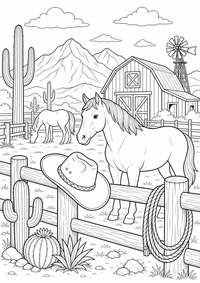 Western Ranch ist ein kostenloses USA-Ausmalbild mit klaren schwarzen Linien. Als PNG auf A4 ausdrucken für Zuhause, Kindergarten oder Schule.