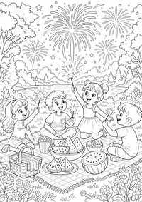 Summer Picnic Fireworks is a free USA coloring page with clear black outlines. Print the PNG on A4 for home, kindergarten or school.