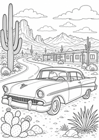 Desert Road Trip is a free USA coloring page with clear black outlines. Print the PNG on A4 for home, kindergarten or school.