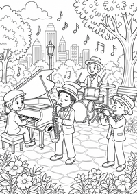 Jazz Band in the Park is a free USA coloring page with clear black outlines. Print the PNG on A4 for home, kindergarten or school.
