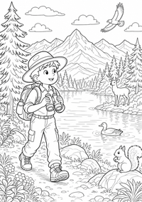 National Park Hiker is a free USA coloring page with clear black outlines. Print the PNG on A4 for home, kindergarten or school.