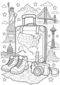 USA Travel Suitcase is a free USA coloring page with clear black outlines. Print the PNG on A4 for home, kindergarten or school.