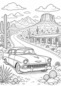 Route 66 Desert Road is a free USA coloring page with clear black outlines. Print the PNG on A4 for home, kindergarten or school.