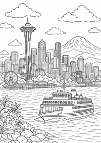 Seattle Skyline is a free USA coloring page with clear black outlines. Print the PNG on A4 for home, kindergarten or school.