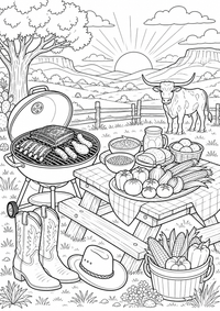 Texas Barbecue is a free USA coloring page with clear black outlines. Print the PNG on A4 for home, kindergarten or school.