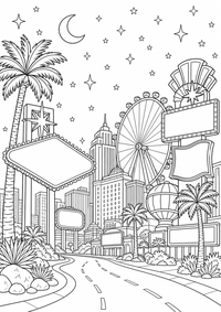 Desert City Ferris Wheel is a free USA coloring page with clear black outlines. Print the PNG on A4 for home, kindergarten or school.