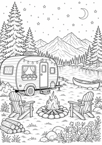 Camping Road Trip is a free USA coloring page with clear black outlines. Print the PNG on A4 for home, kindergarten or school.