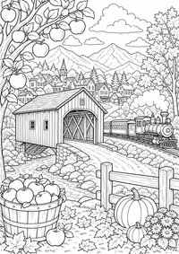 USA mountain town autumn — página para colorir é uma página gratuita para colorir e imprimir em A4, com contornos pretos nítidos e áreas claras para colorir. Sem cadastro.