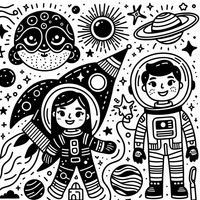 Aventura en el espacio es un dibujo de espacio para colorear gratis, con contornos negros claros y detalles fáciles de imprimir para niños. Abre el archivo PNG, imprímelo en A4 y úsalo en casa, en el jardín de infancia o en la escuela.