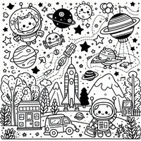 Viaje espacial aventura página para colorear es un dibujo de espacio para colorear gratis, con contornos negros claros y detalles fáciles de imprimir para niños. Abre el archivo PNG, imprímelo en A4 y úsalo en casa, en el jardín de infancia o en la escuela.