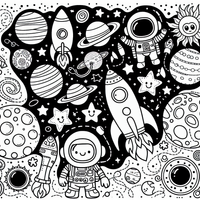 Astronautas y cohetes en el espacio es un dibujo de espacio para colorear gratis, con contornos negros claros y detalles fáciles de imprimir para niños. Abre el archivo PNG, imprímelo en A4 y úsalo en casa, en el jardín de infancia o en la escuela.
