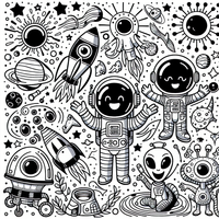Aventura espacial página de libro para colorear es un dibujo de espacio para colorear gratis, con contornos negros claros y detalles fáciles de imprimir para niños. Abre el archivo PNG, imprímelo en A4 y úsalo en casa, en el jardín de infancia o en la escuela.