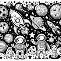 Aventura en el espacio es un dibujo de espacio para colorear gratis, con contornos negros claros y detalles fáciles de imprimir para niños. Abre el archivo PNG, imprímelo en A4 y úsalo en casa, en el jardín de infancia o en la escuela.