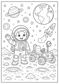 Astronauta con rover lunar es un dibujo de espacio para colorear gratis, con contornos negros claros y detalles fáciles de imprimir para niños. Abre el archivo PNG, imprímelo en A4 y úsalo en casa, en el jardín de infancia o en la escuela.