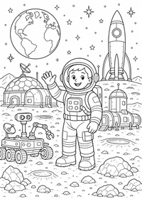 Astronaut auf Base lunaire est un coloriage Weltraum gratuit a imprimer en A4 avec des contours noirs nets.