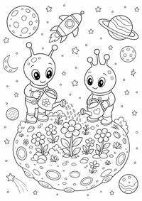 Alien Jardin im Weltall est un coloriage Weltraum gratuit a imprimer en A4 avec des contours noirs nets.