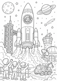 Rocket Launch espaço — página para colorir é uma página gratuita para colorir e imprimir em A4, com contornos pretos nítidos e áreas claras para colorir. Sem cadastro.