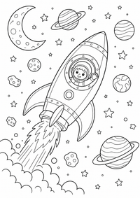 Rocket em espaço — página para colorir é uma página gratuita para colorir e imprimir em A4, com contornos pretos nítidos e áreas claras para colorir. Sem cadastro.