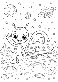 Friendly alien em espaço — página para colorir é uma página gratuita para colorir e imprimir em A4, com contornos pretos nítidos e áreas claras para colorir. Sem cadastro.