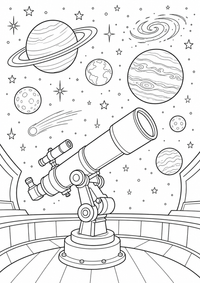 espaço : Weltraumteleskop — página para colorir é uma página gratuita para colorir e imprimir em A4, com contornos pretos nítidos e áreas claras para colorir. Sem cadastro.