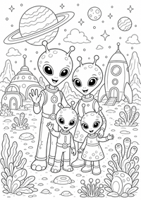 अंतरिक्ष : Alien Familie auf Planet — कलरिंग पेज एक मुफ्त A4 कलरिंग पेज है, जिसमें स्पष्ट काली रूपरेखाएँ और रंग भरने के लिए साफ़ क्षेत्र हैं। पंजीकरण आवश्यक नहीं।