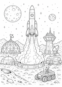Weltraum Raketenstart ist ein kostenloses A4-Ausmalbild mit klaren schwarzen Konturen zum Ausdrucken.