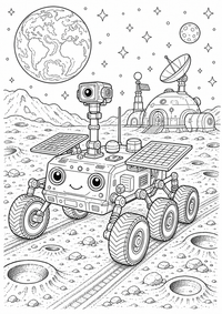 Rover lunar sobre paisaje de cráteres es un dibujo de espacio para colorear gratis, con contornos negros claros y detalles fáciles de imprimir para niños. Abre el archivo PNG, imprímelo en A4 y úsalo en casa, en el jardín de infancia o en la escuela.