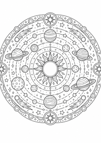 Sistema planetario mandala es un dibujo de espacio para colorear gratis, con contornos negros claros y detalles fáciles de imprimir para niños. Abre el archivo PNG, imprímelo en A4 y úsalo en casa, en el jardín de infancia o en la escuela.