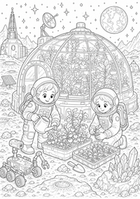 Espacio luna invernadero es un dibujo de espacio para colorear gratis, con contornos negros claros y detalles fáciles de imprimir para niños. Abre el archivo PNG, imprímelo en A4 y úsalo en casa, en el jardín de infancia o en la escuela.